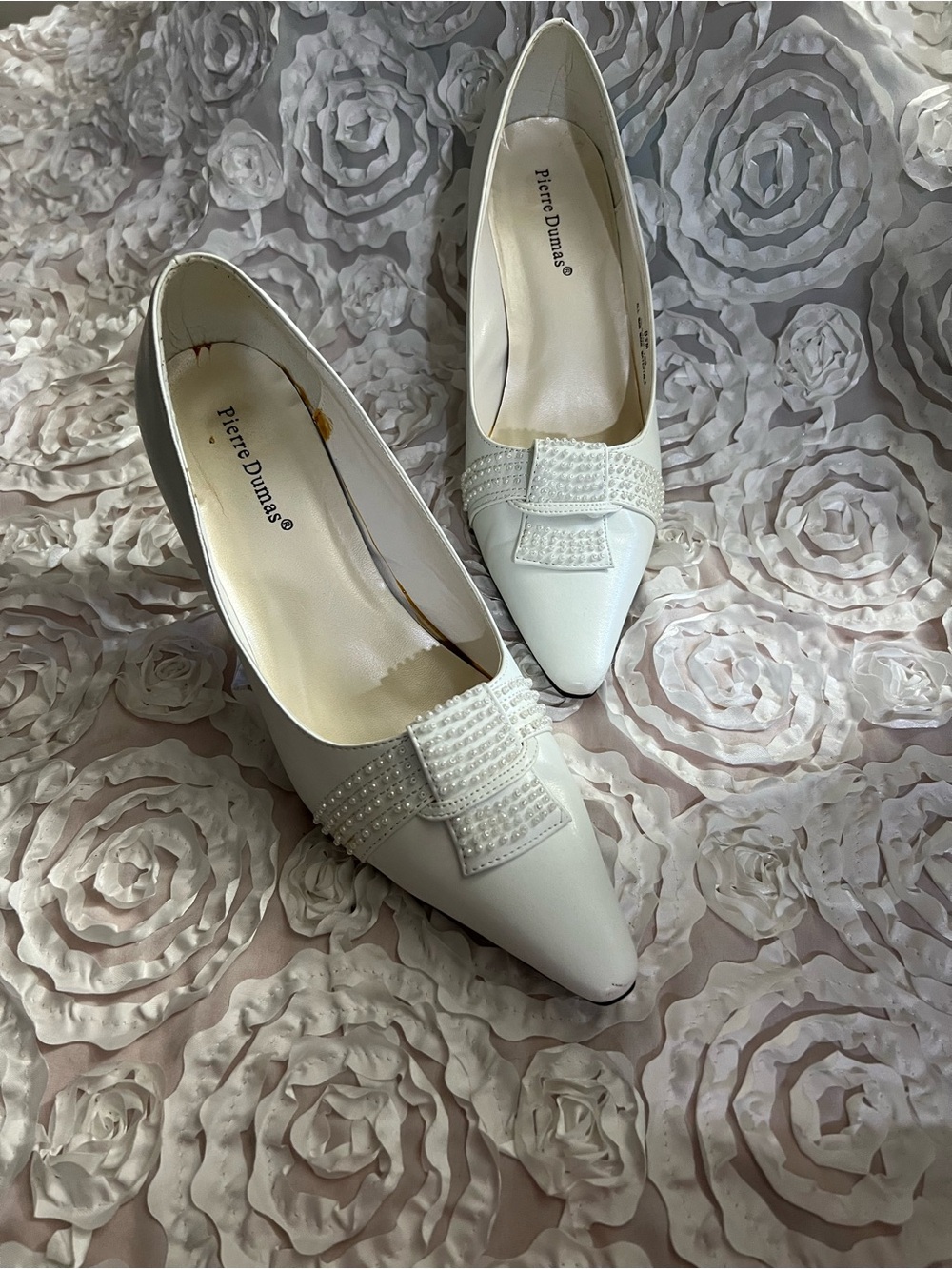 Pierre Dumas White Pointed Toe Pearl-Embellished Bow Pumps